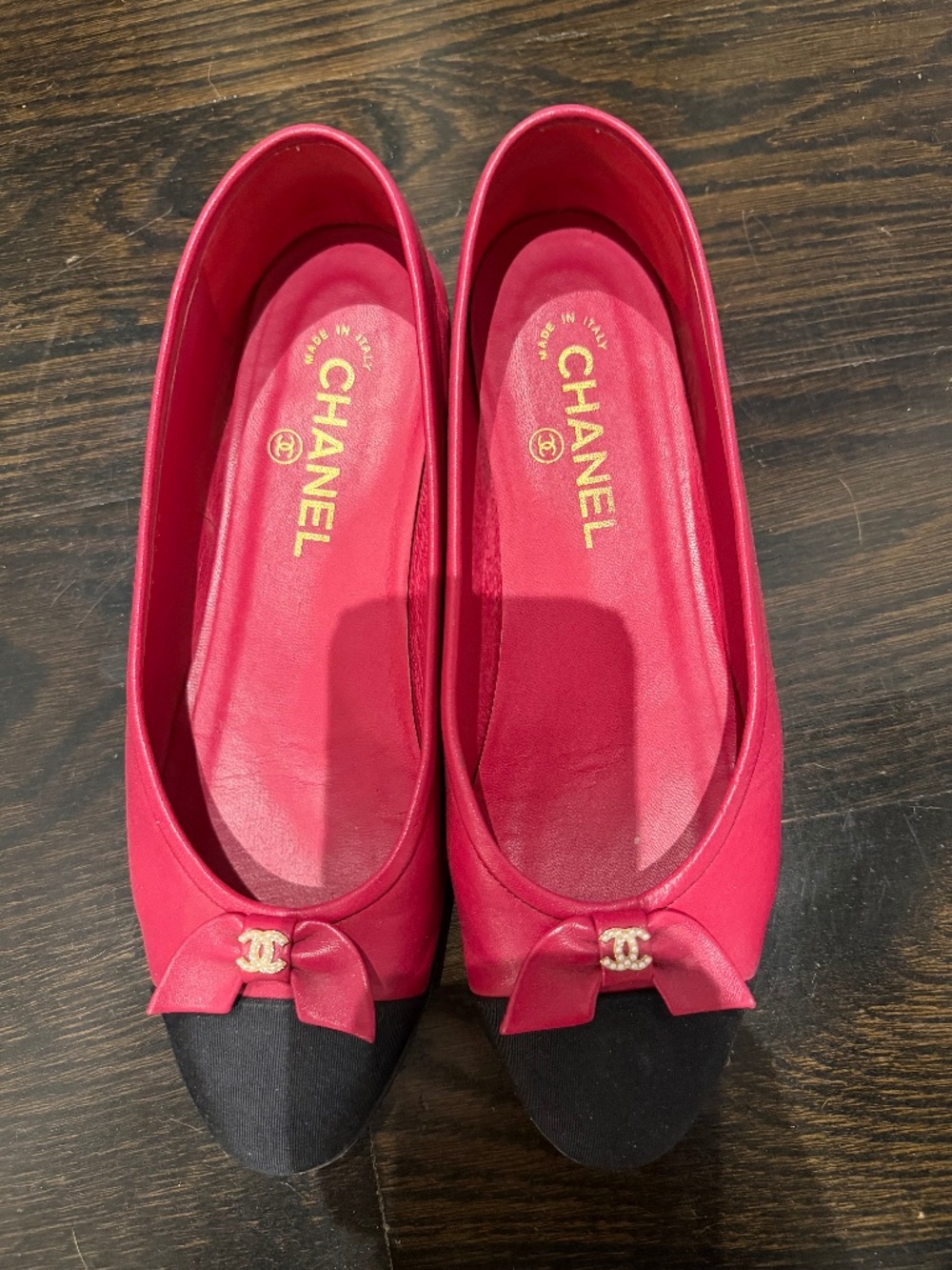 Chanel Pink & Black Cap Toe Ballet Flats CC Bow Leather EU 38.5